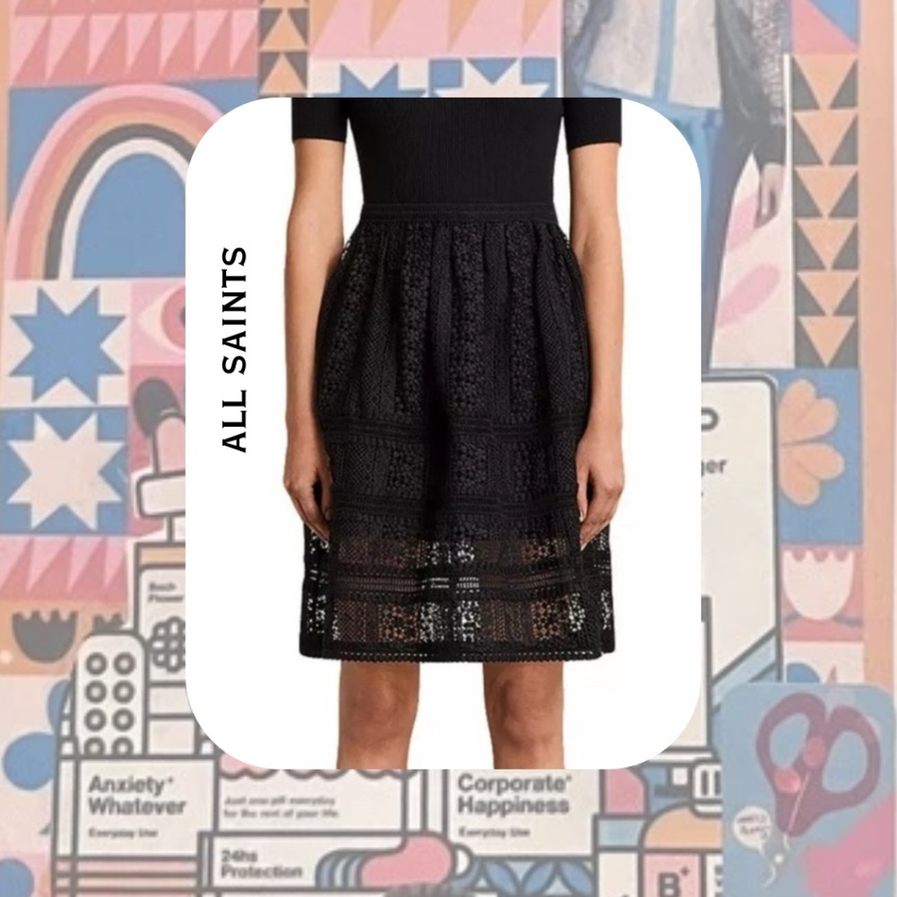 All Saints black embroidered lace high waist skirt